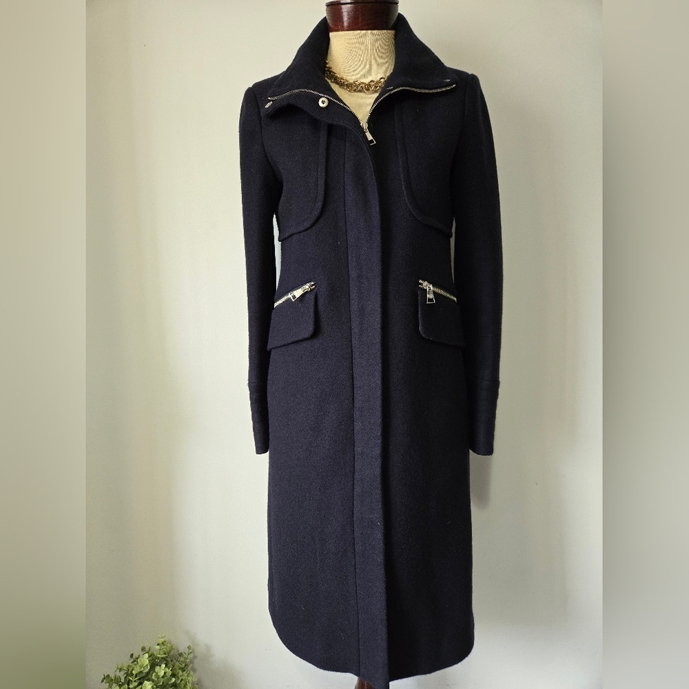 KARL LAGERFELD Navy Wool Blend Long Officer Coat. Size Small